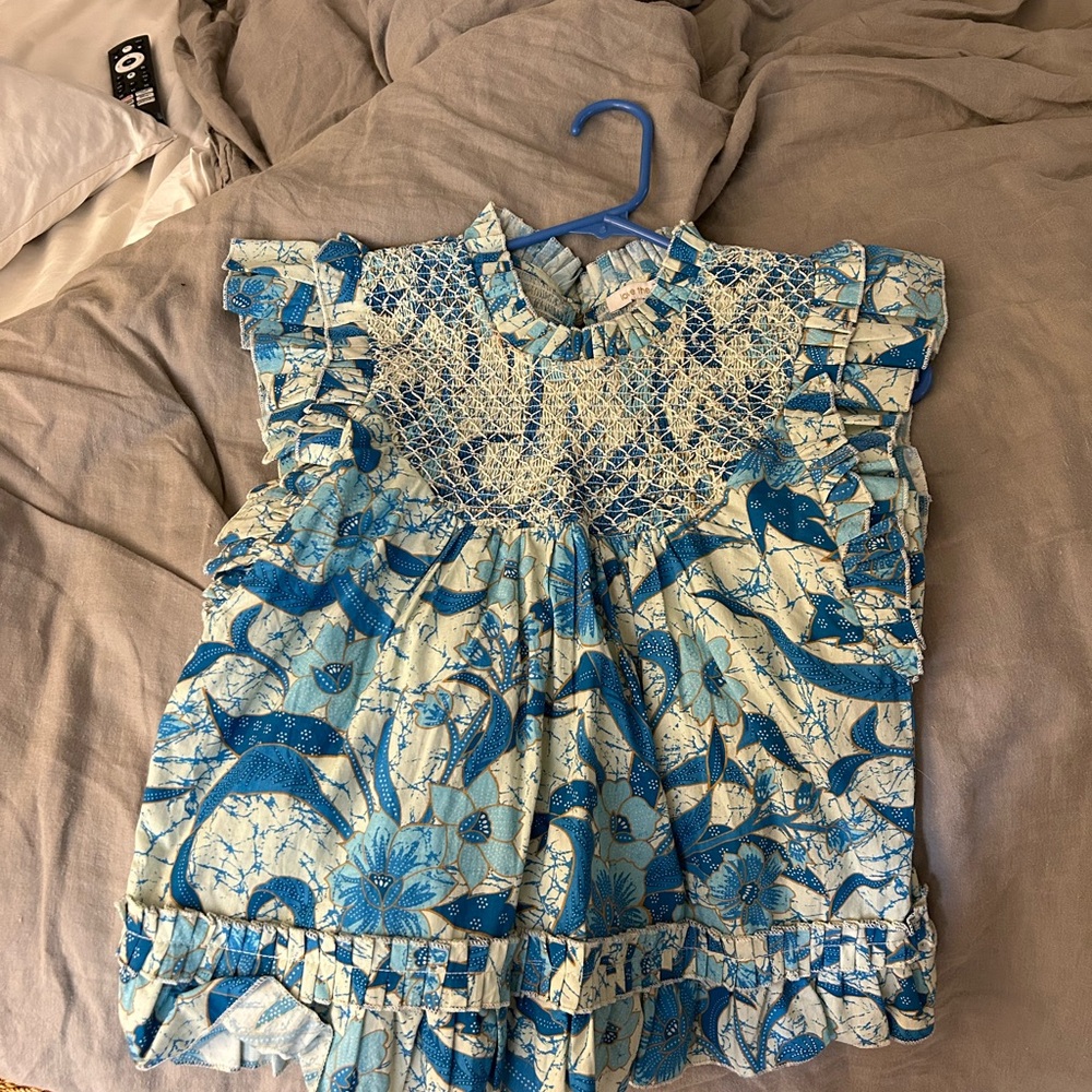 Blue Floral Smocked Women’s Ruffle Sleeve Top